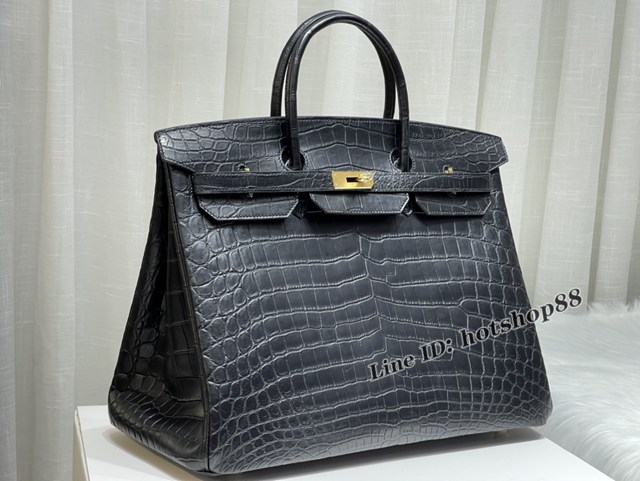 Hermes專櫃Birkin40CM手提男女包 愛馬仕非洲尼羅鱷鱷魚黑色蠟線手工縫製鉑金包 zhh1042